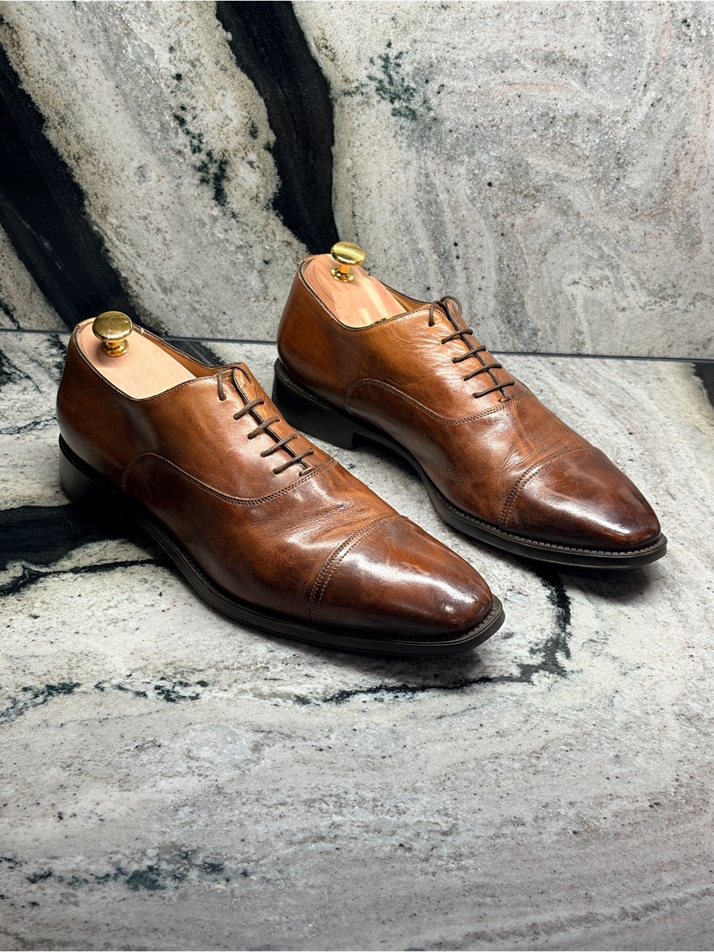 Santoni Men’s 10 Brown Leather Cap Toe Oxford Dress Shoes Made Italy
